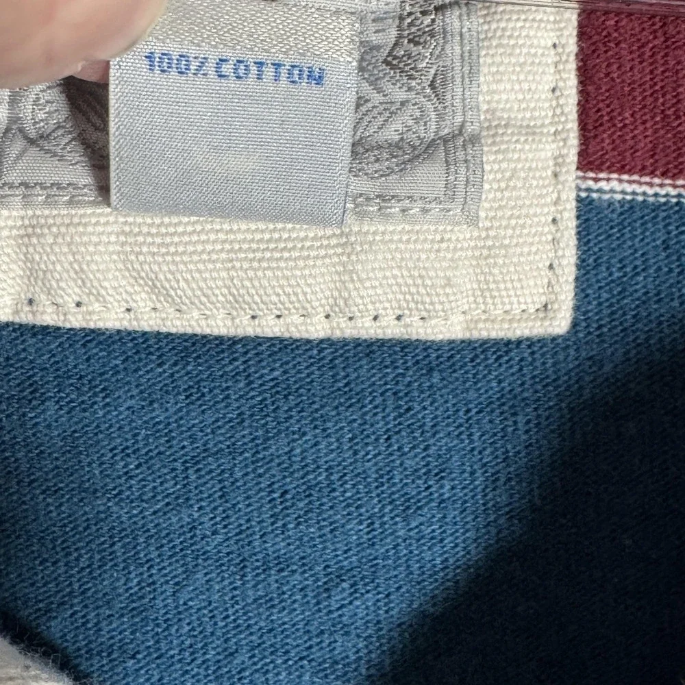 Lands' End Rugby Polo‎ Shirt Mens 2XL Maroon Blue Stripe Long Sleeve Cotton